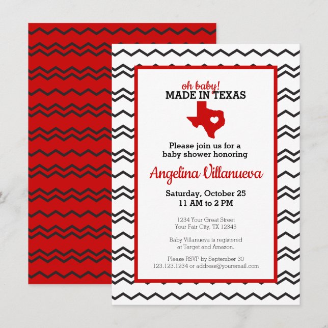 Convites Red Oh Baby! Chevron Made in Texas Chá (Frente/Verso)