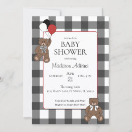 Convites Red on Black Buffalo Check Teddy Bears Baby Shower