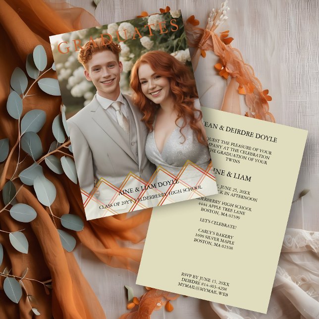 Convites Red Orange Overlay Transparency Shapes Photo Grads (Red Orange Shades Overlay Transparency Shapes Photo Two Graduates Invitation.)