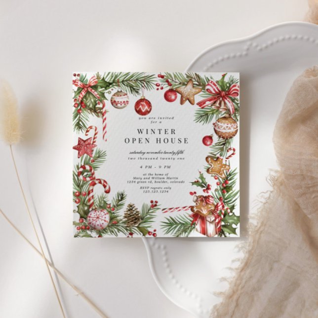 Convites Red Ornaments Greenerence Border Square Open House (Criador carregado)