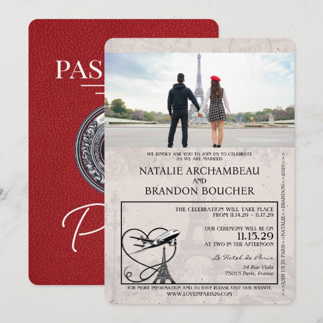 Convites Red Paris Passport Wedding (Frente/Verso)
