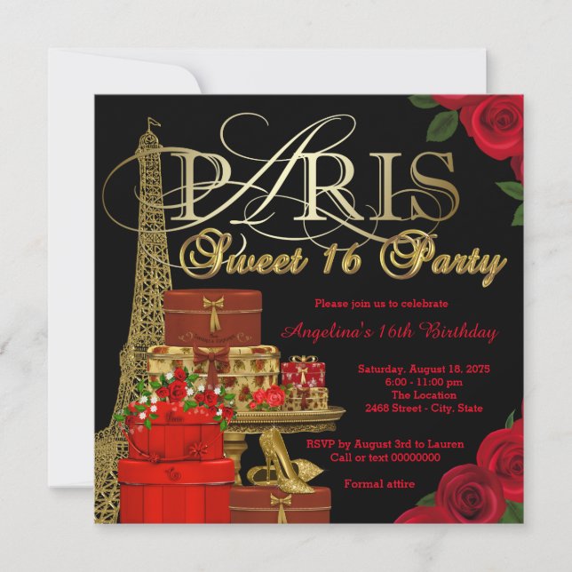 Convites Red Paris Sweet 16 Party (Frente)