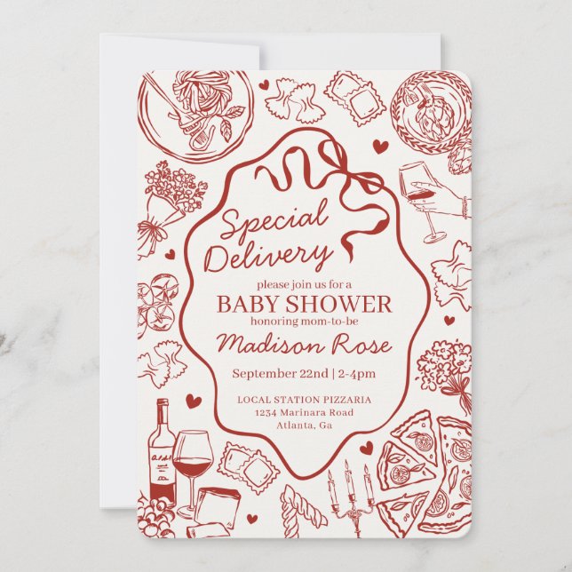 Convites Red Pasta Special Delivery Italian Baby Shower (Frente)