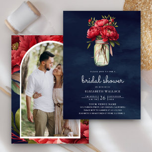 Convites Red Peony Floral Mason Jar Marinho Chá de panela A