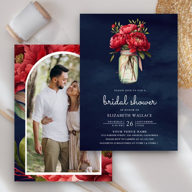 Convites Red Peony Floral Mason Jar Marinho Chá de panela A (Criador carregado)