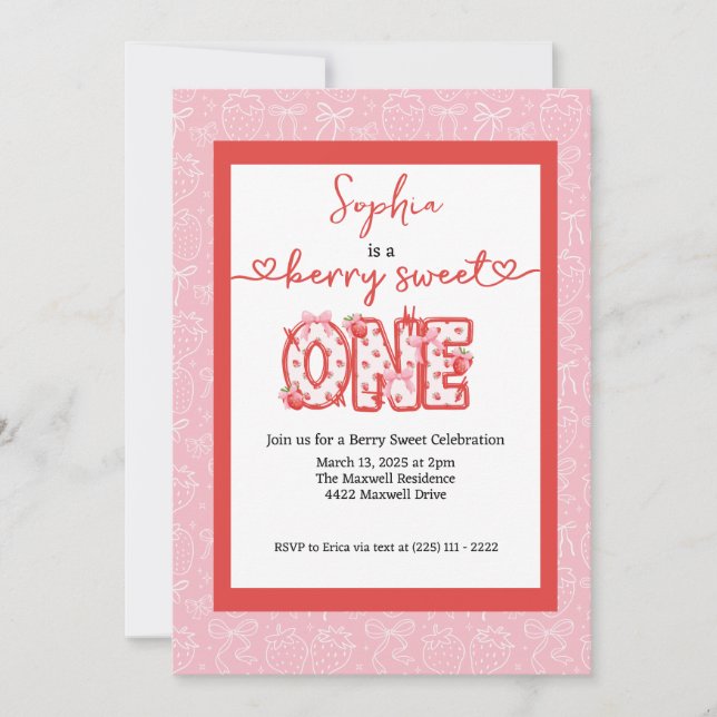 Convites Red & Pink Berry Sweet One Girl 1st Birthday Party (Frente)