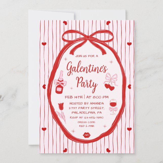 Convites Red Pink Coquette Hand Drawn Galentine's Party  (Frente)