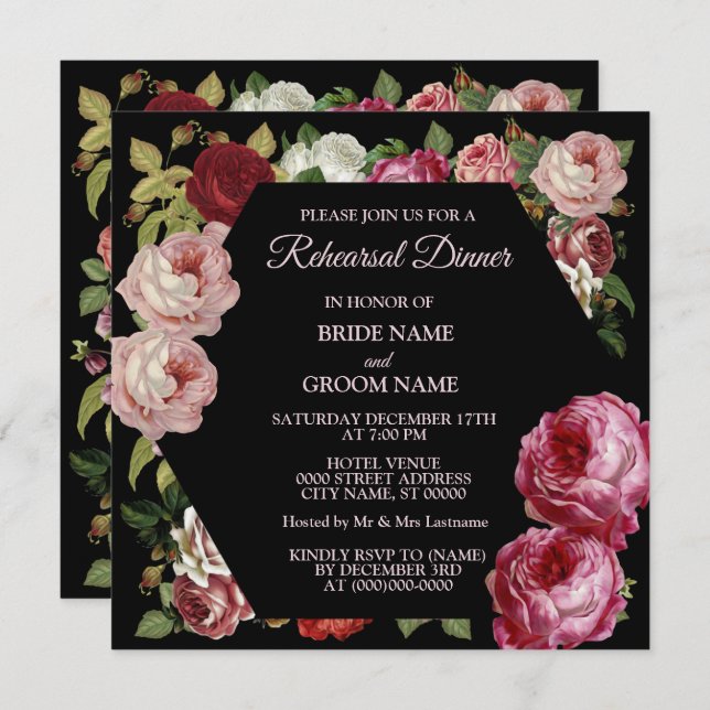 Convites Red Pink Floral Greenery Black Rehearsal Dinner (Frente/Verso)