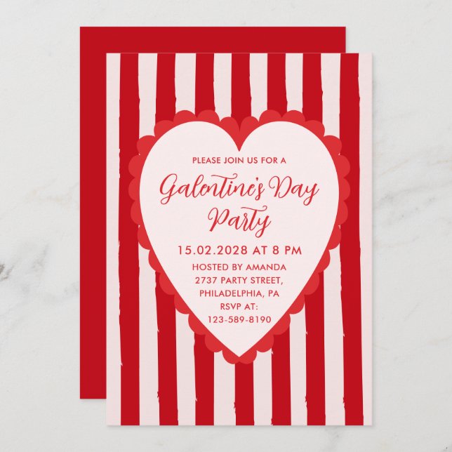 Convites Red Pink Hand Drawn Heart Frame Galentine's Party (Frente/Verso)
