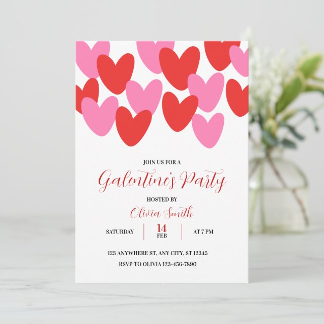 CONVITES RED PINK HEARTS GALENTINES DAY PARTY INVITATION (Em pé/Frente)