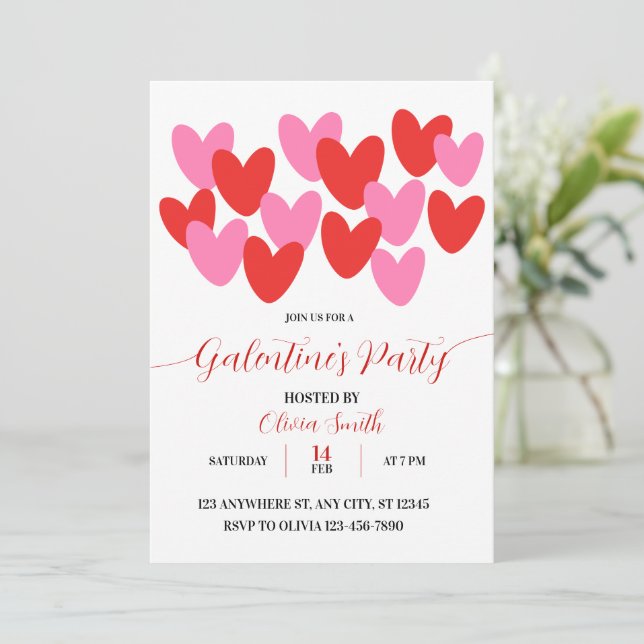 CONVITES RED PINK HEARTS GALENTINES DAY PARTY INVITATION (Em pé/Frente)
