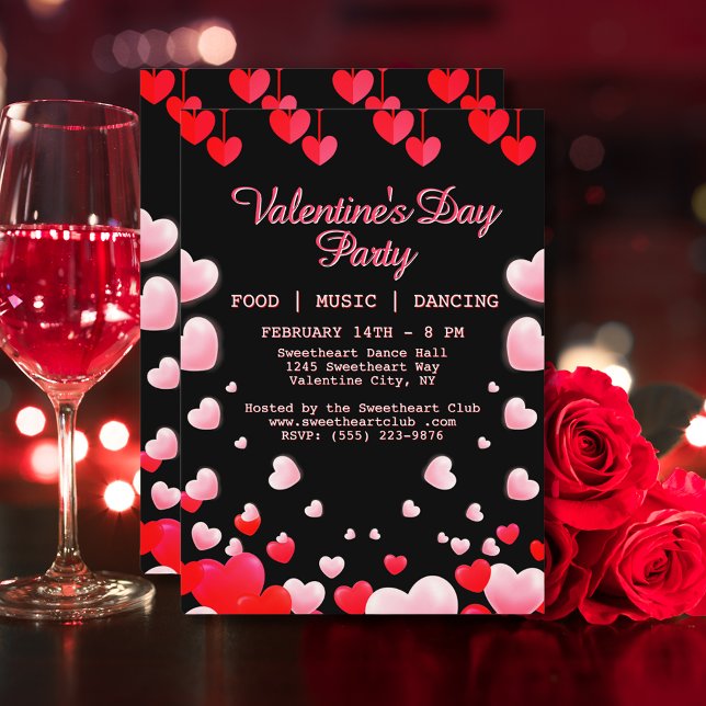 Convites Red Pink Hearts Party Comida Music Dance (Red Pink Hearts Valentine's Party Food Music Dance Invitation)