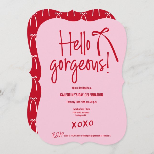 Convites Red Pink Hello Gorgeous bow doodle Galentine’s (Frente/Verso)