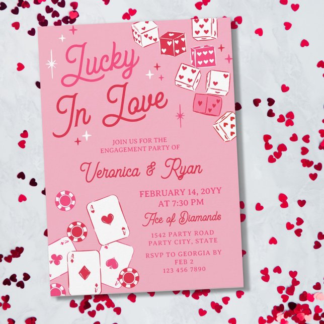Convites Red Pink Lucky In Love Dice Cards Engagement Party (Criador carregado)