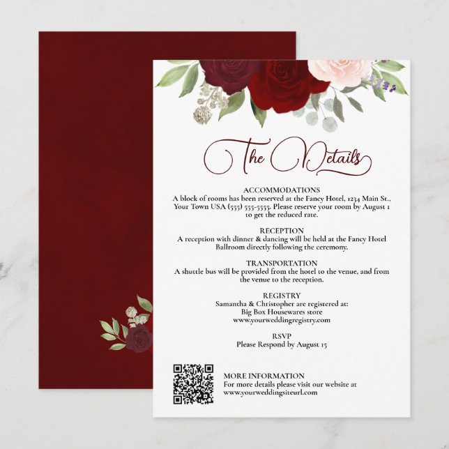 Convites Red & Pink Roses Downloadable QR Wedding Details (Frente/Verso)