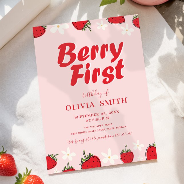 Convites Red Pink Strawberry Berry First Birthday (Criador carregado)