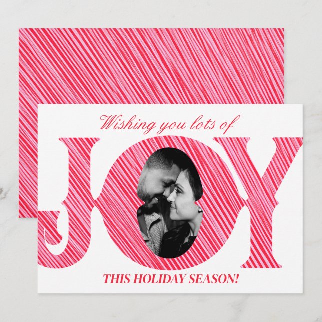Convites Red & Pink Stripe Holiday JOY Photo Christmas Card (Frente/Verso)