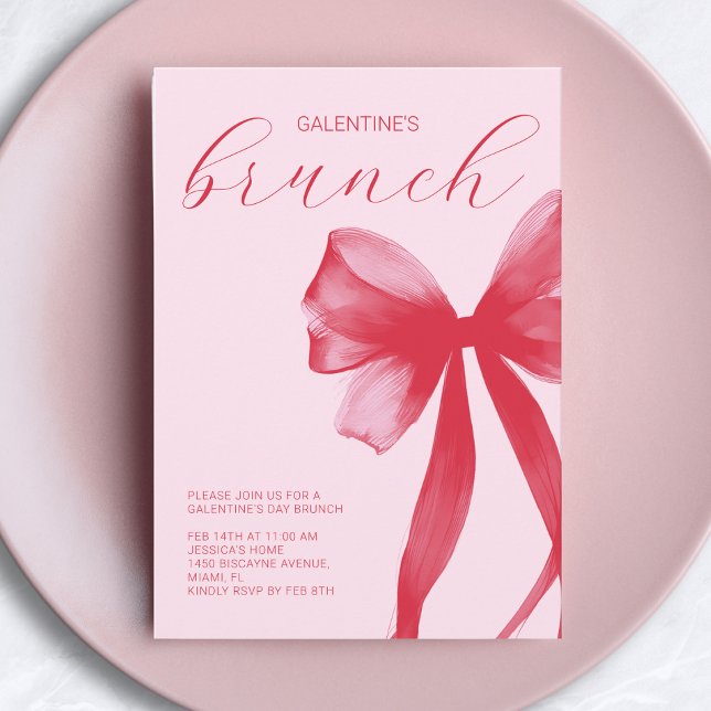 Convites Red Pink Watercolor Bow Galentine’s Friends Brunch (Red Pink Watercolor Bow Galentine’s Friends Brunch Invitation)