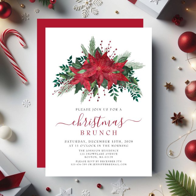 Convites Red Poinsettia Floral Brunch (Elegant Red Poinsettia Floral Christmas Brunch Invitation)