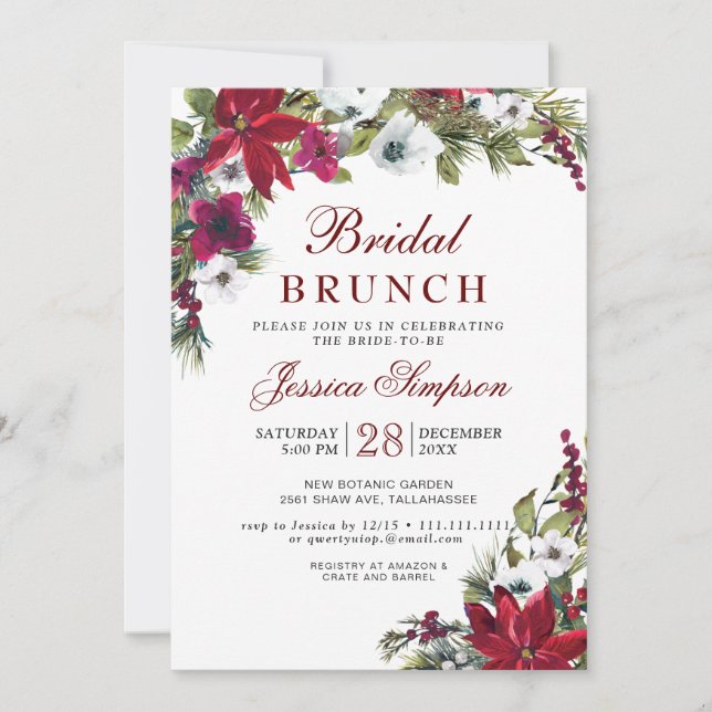 Convites Red Poinsettia Floral de Natal Bridal Brunch (Frente)