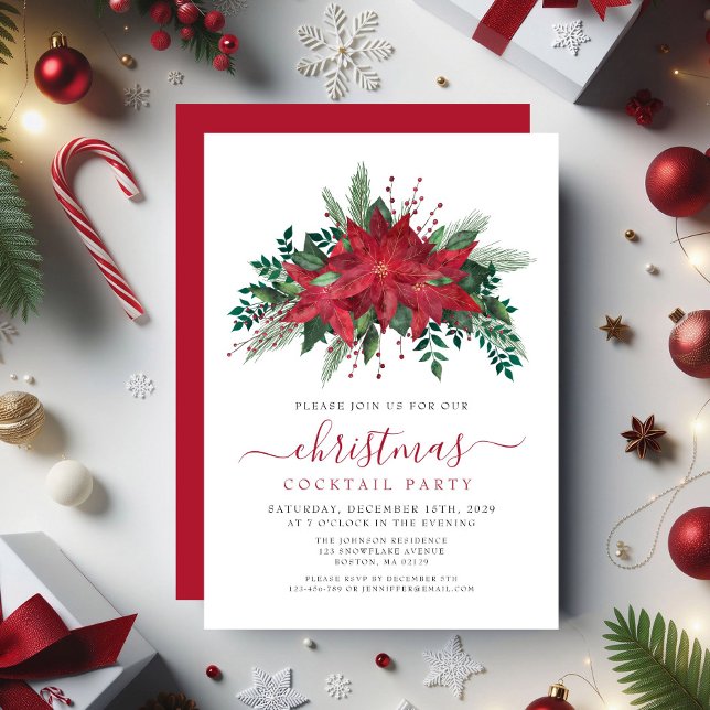 Convites Red Poinsettia Floral Natal Coctail (Red Poinsettia Floral Christmas Cocktail Party Invitation)
