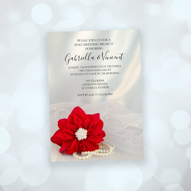 Convites Red Poinsettia Pearls Posto Winter Wedch (Set an elegant tone for your December event with the Poinsettia and Pearls Wedding Brunch Invitation)