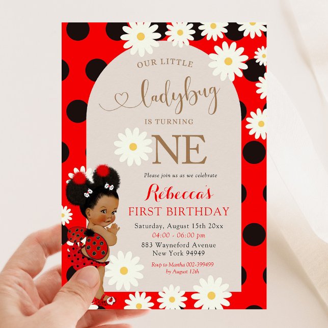 Convites Red Polkadot Ladybug Daisy Primeiro Aniversário (Criador carregado)