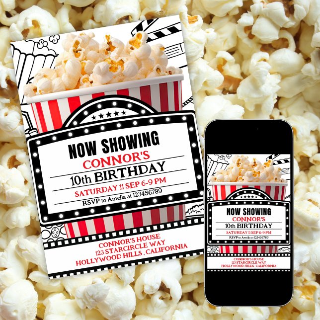 Convites Red Popcorn Movie Night Party Invitation (Criador carregado)