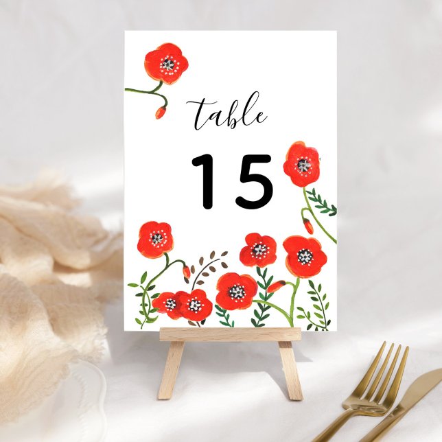 Convites Red Poppies moderno número da mesa de casamento fl (Red poppies modern floral wedding table number)
