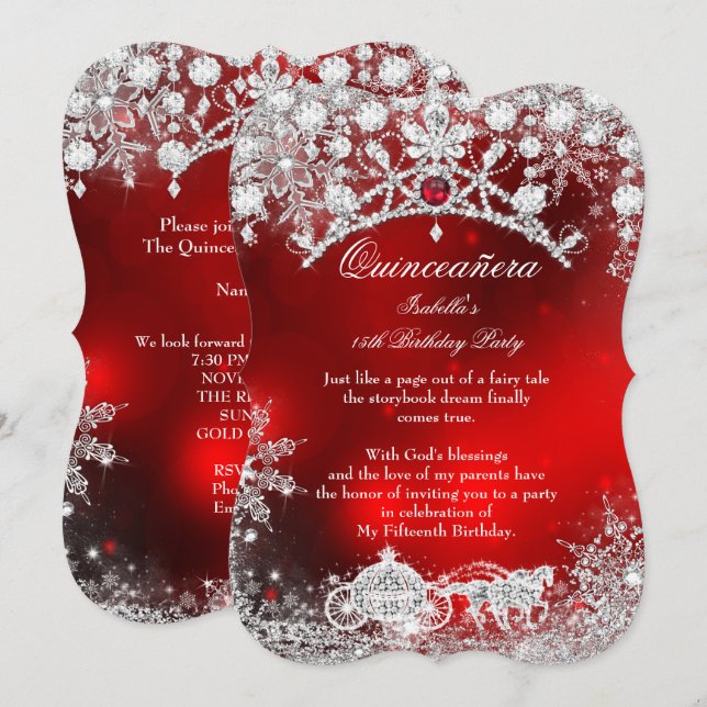 Convites Red prata Quinceanera 15 Winter Wonderland (Frente/Verso)