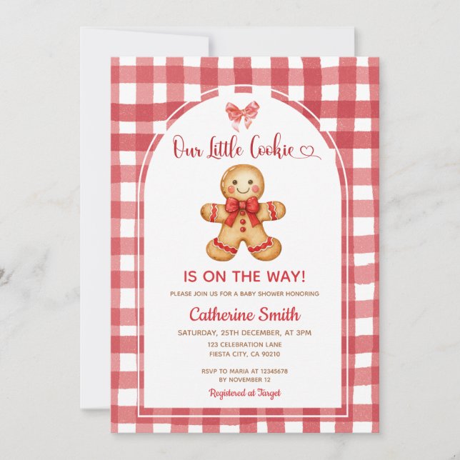 Convites Red Preppy Gingham Gingerbread Baby Shower  (Frente)