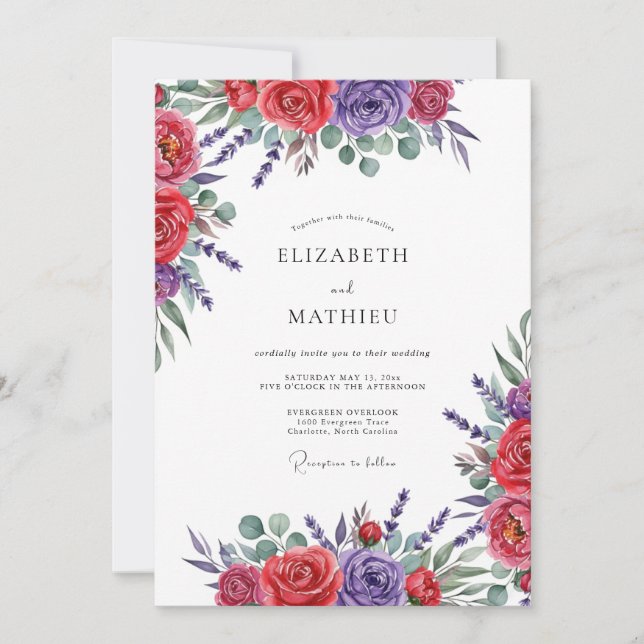 Convites Red Purple Floral Romance Wedding (Frente)