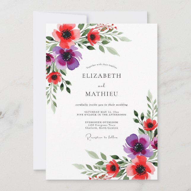 Convites Red Purple Floral Whimsical Wedding (Frente)