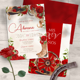 Convites Red Quinceanera Rosas Vintage Charro Western Flora