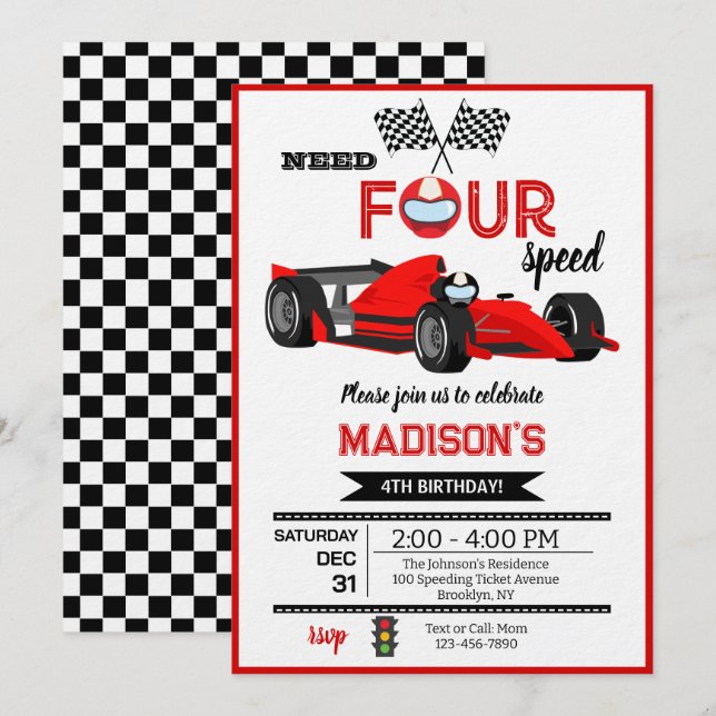 Convites Red Race Car Need Four Speed Birthday Party (Frente/Verso)