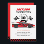 Convites Red Racing Car Race Kids Aniversário<br><div class="desc">Design para crianças,  rapazes ou raparigas que adoram corridas de carros,  carros desportivos,  velocidade e carro de brinquedos. Perfeito para a festa de aniversário do tema do construtor. Você pode personalizar o texto para ajustado outras ocasiões.</div>