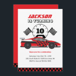 Convites Red Racing Car Race Kids Aniversário<br><div class="desc">Design para crianças,  rapazes ou raparigas que adoram corridas de carros,  carros desportivos,  velocidade e carro de brinquedos. Perfeito para a festa de aniversário do tema do construtor. Você pode personalizar o texto para ajustado outras ocasiões.</div>