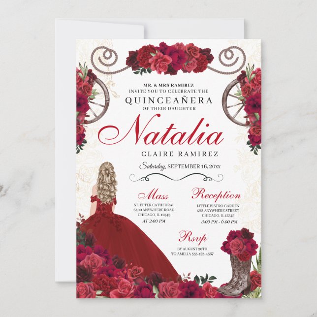 Convites Red Ranchero Princess Quinceanera (Frente)