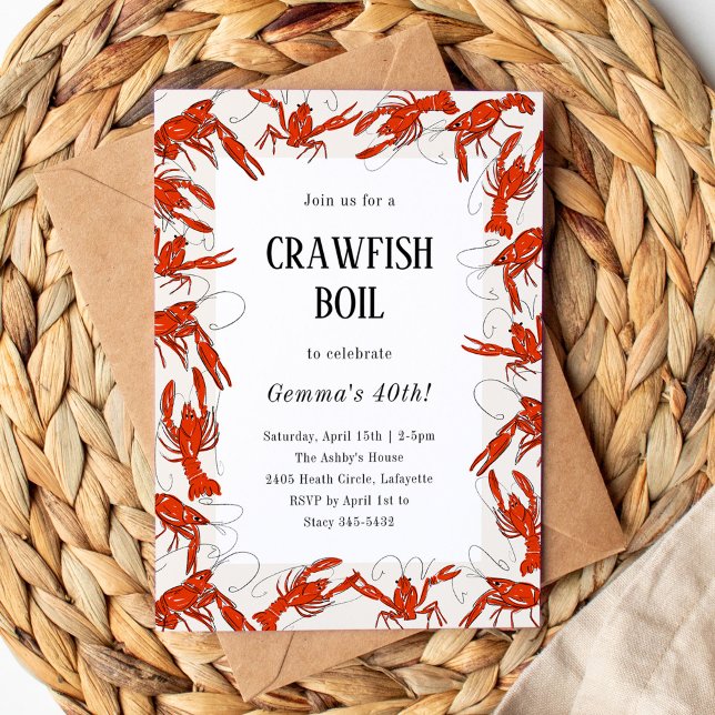 Convites Red rawfish Boil Festa de aniversário de frutos do (Red crawfish boil seafood birthday party invitation.)