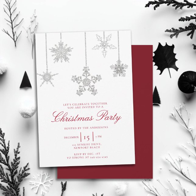 Convites Red Rhinestone Branco Floco de Neve Estimula Natal (rhinestones glitter christmas party invitation elegant black white red modern minimalist classy chic)