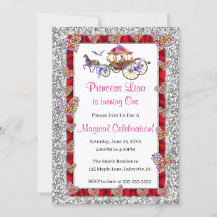 Convites Red Ribbon Silver Glitter Royal Princess Birday