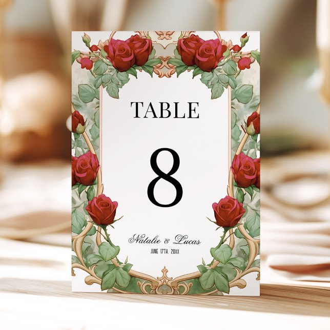Convites Red Rose Art Nouveau Wedding Table Number (Criador carregado)