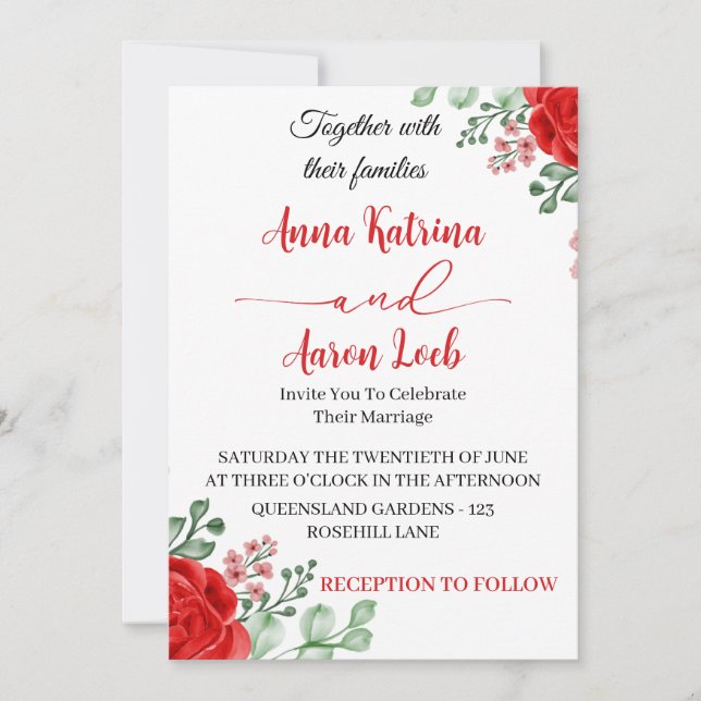 Convites Red Rose Floral Wedding Invitation Template (Frente)