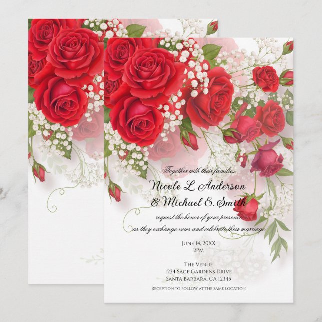 Convites Red Roses & Babys Breath Elegant Floral Wedding  (Frente/Verso)