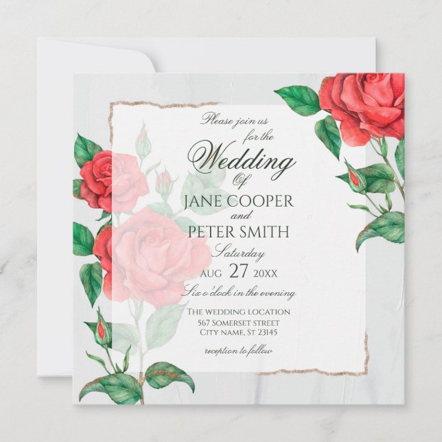 Convites Red Roses floral Wedding Invitation (Frente)