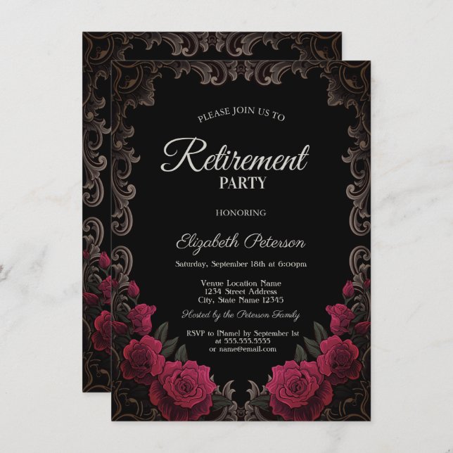 Convites Red Roses Gothic Frame Black Retirement Party (Frente/Verso)