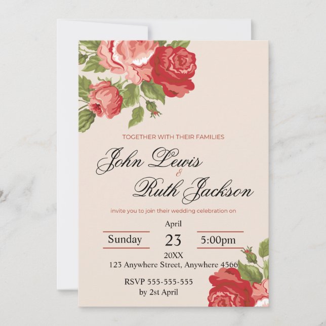 Convites Red Roses Script Wedding Invitation | Elegant Roma (Frente)