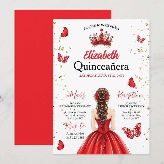 Convites Red Royal Butterfly Quinceañera Invitation (Frente/Verso)