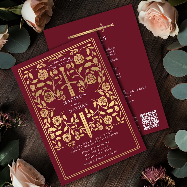 Convites Red Royal Medieval Gold Sword Wedding QR Code (Criador carregado)