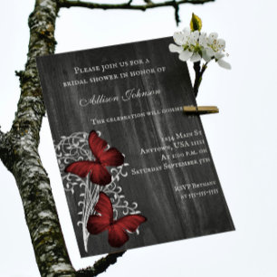 Convites Red Rustic Butterfly Chá de panela Invite